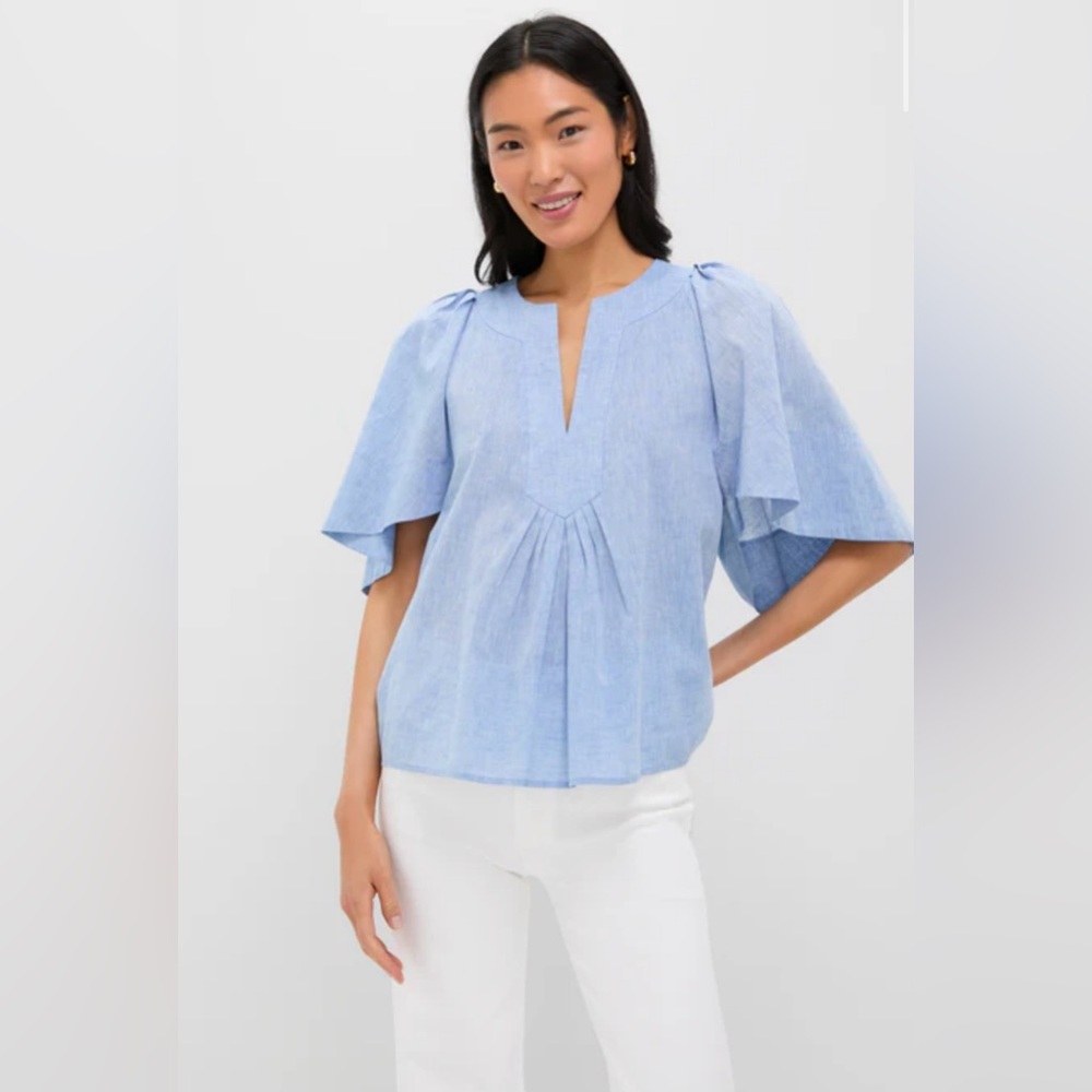 NWT Pomander Place Tuckernuck Chambray Finley Flutter Sleeve Top, Light Blue XS